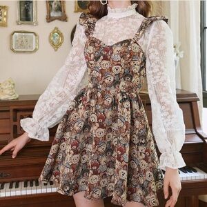 Multicolor Teddy Print Pinafore Dress